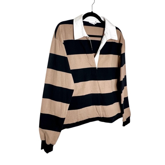 *SOLD* NEW Good American Oversized Rugby Shirt Tan/Black Size 1/2 (Small/Medium) - Picture 4 of 7